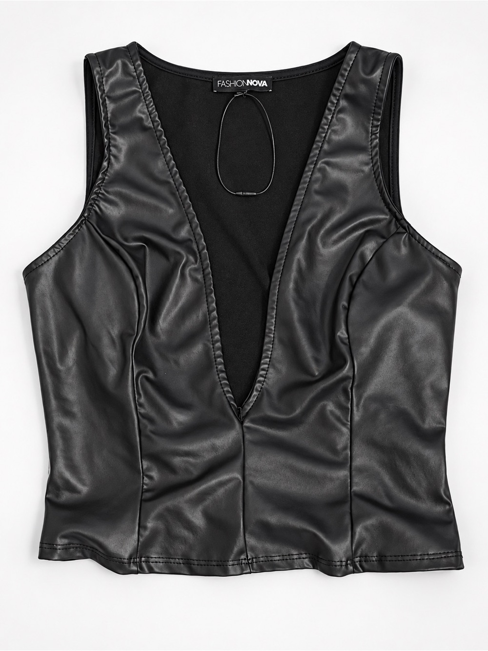 Fashion Nova Black Faux Leather Deep V Tank